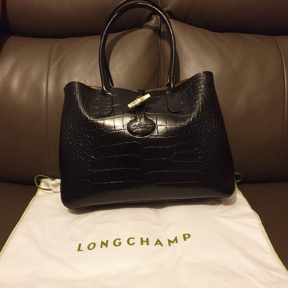 Longchamp Roseau Black Croc Embossed Leather Tote Handbag - Picture 1 of 6